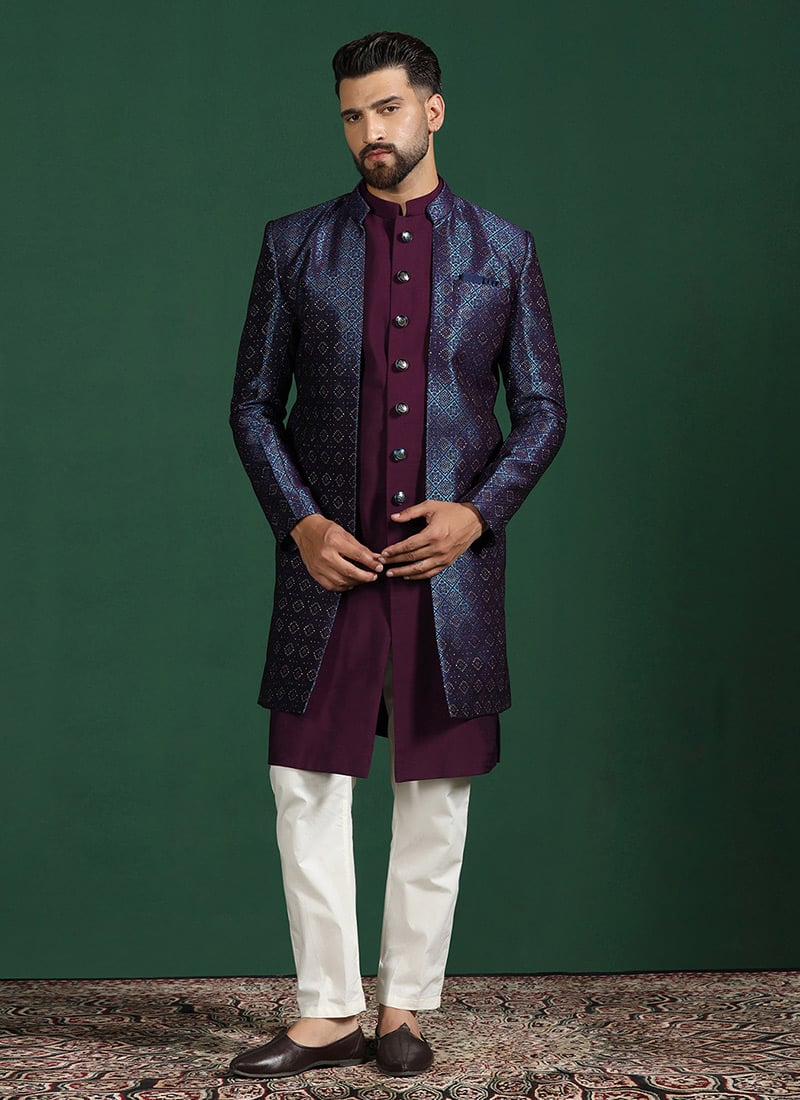 Navy Blue Jacquard Emboidered Classy Indowestern Sherwani Dhoti Set Wedding Wear