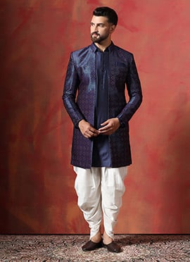Navy Blue Jacquard Embroidered Indowestern  Sherwani Dhoti Set