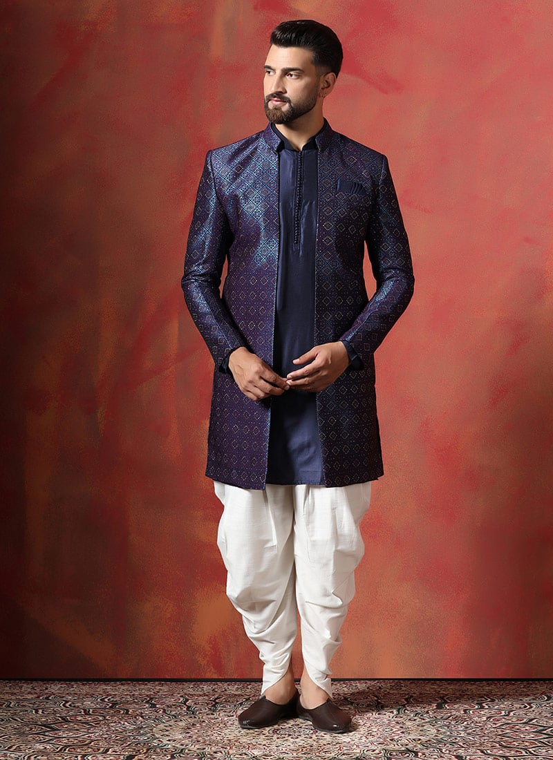 Navy Blue Jacquard Embroidered Indowestern  Sherwani Dhoti Set Wedding Wear