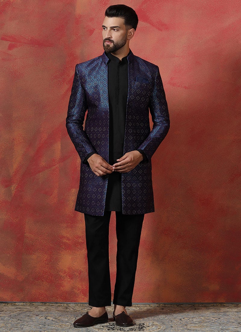 Navy Blue Jacquard Embroidered Indowestern Sherwani Pyjama Set Wedding Wear