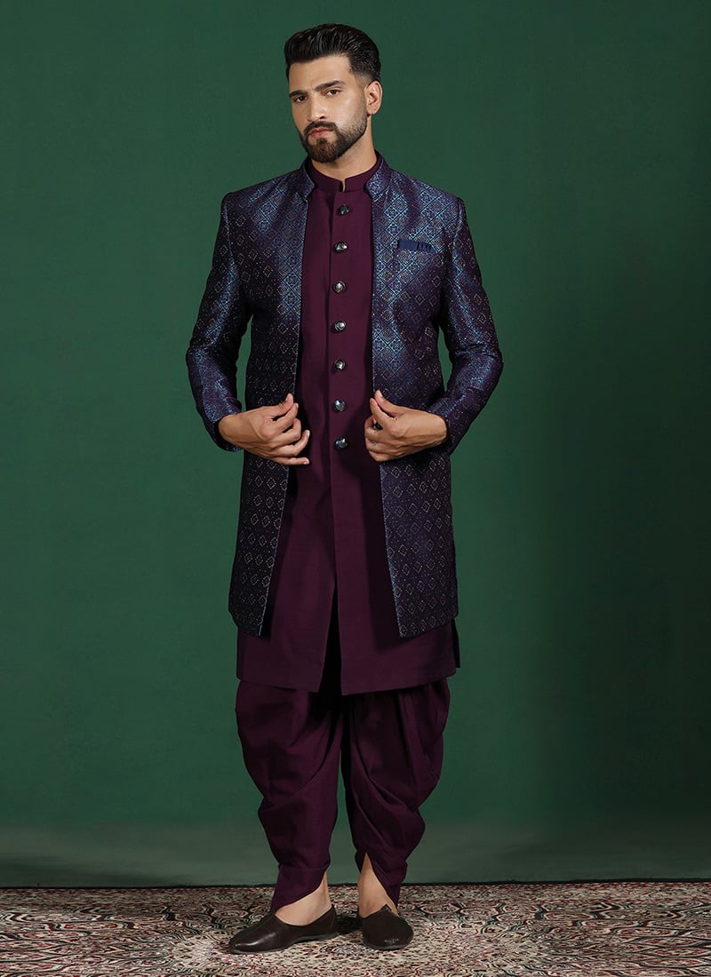 Navy Blue Jacquard Embroidered Indowestern Sherwani Dhoti Set Wedding Wear