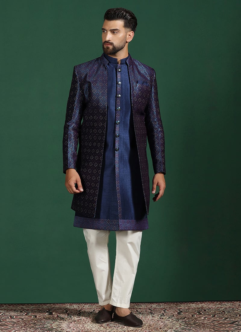 Navy Blue Jacquard Embroidered Indowestern Sherwani Dhoti Set Wedding Wear