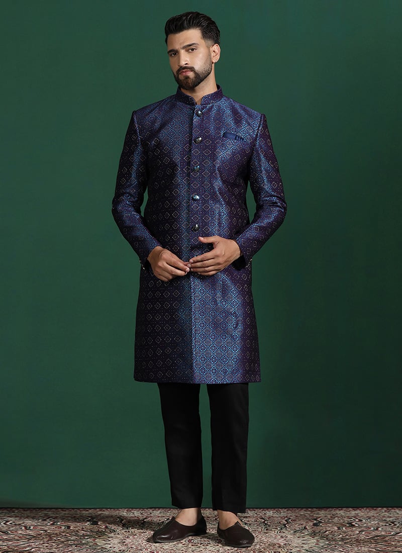 Navy Blue Jacquard Embroidered Indowestern Sherwani Set Wedding Wear