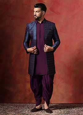 Navy Blue Jacquard Embroidered Kurta Indowestern Sherwani Dhoti Set