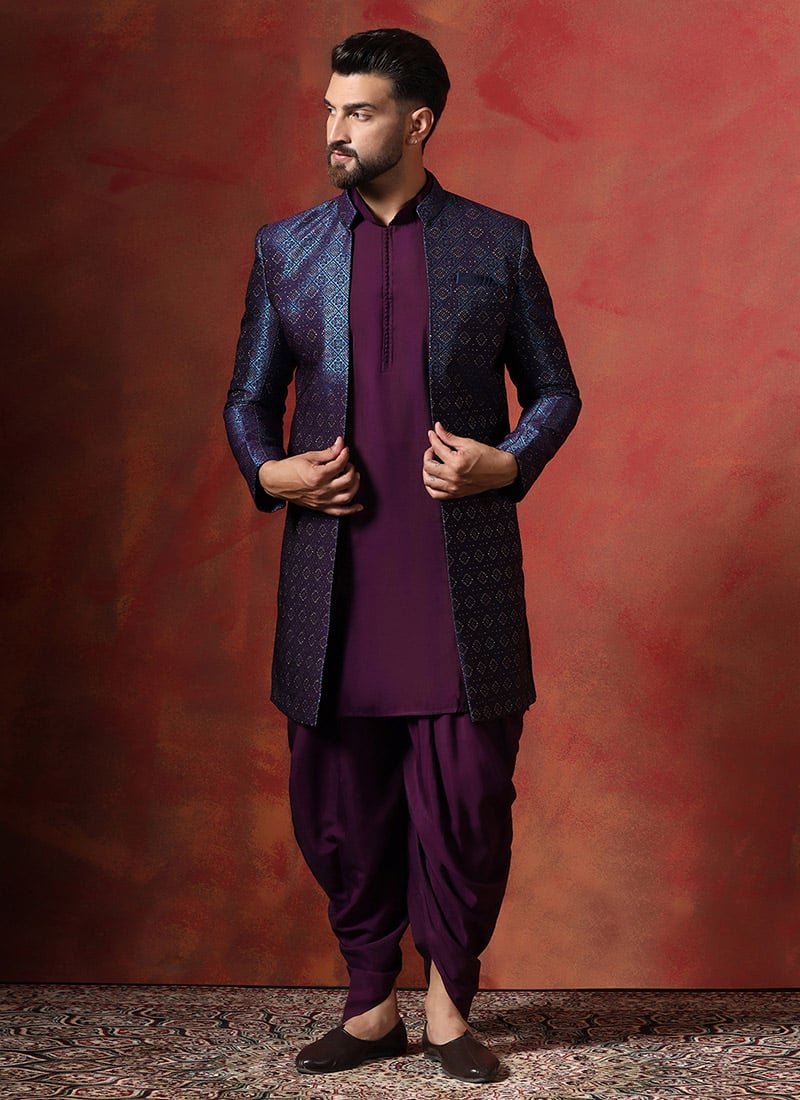 Navy Blue Jacquard Embroidered Kurta Indowestern Sherwani Dhoti Set Wedding Wear