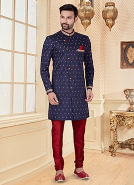 Navy Blue Jacquard Embroidery Classic Sherwani