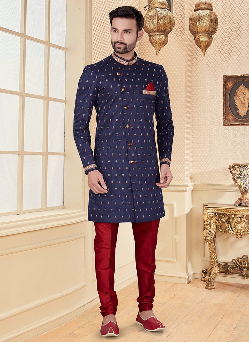Navy Blue Jacquard Embroidery Classic Sherwani Wedding Wear