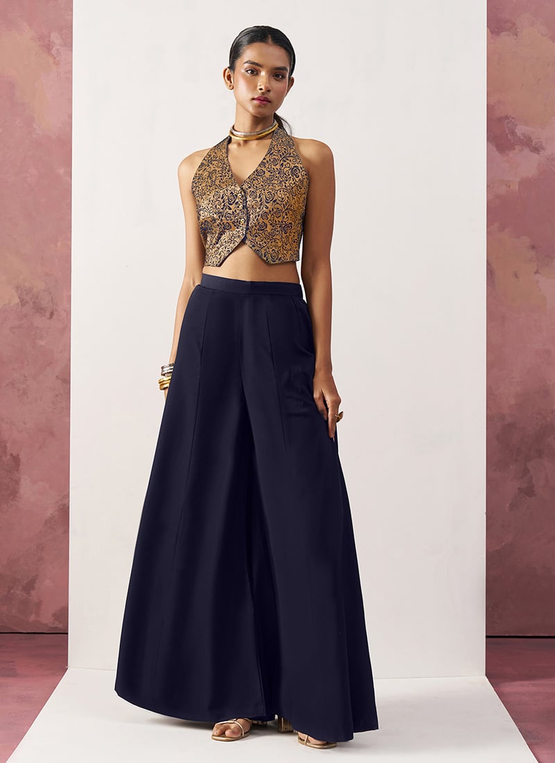 Navy Blue Jacquard Indowestern Waistcoat Palazzo Set After Six Wear