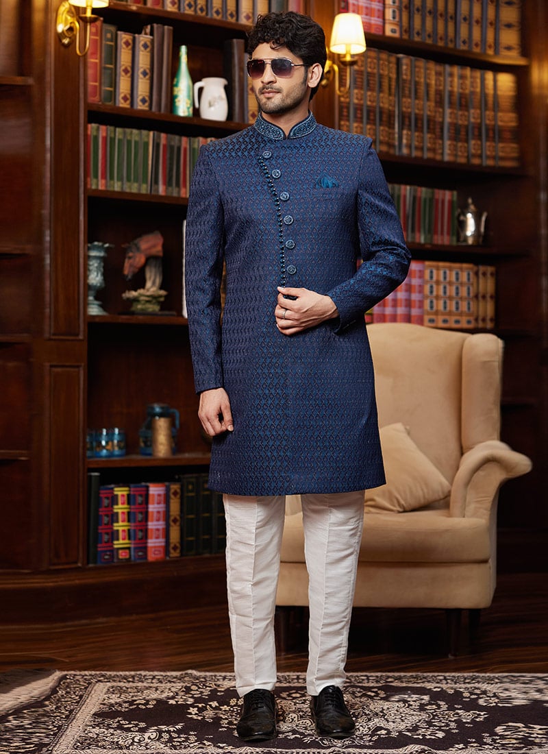 Navy Blue Jacquard Silk Beads And Zari Hand Work Indowestern Sherwani Wedding Wear