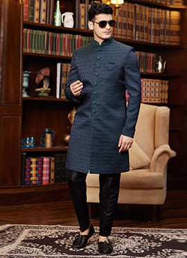 Navy Blue Jacquard Silk Beads And Zari Hand Work Indowestern Sherwani