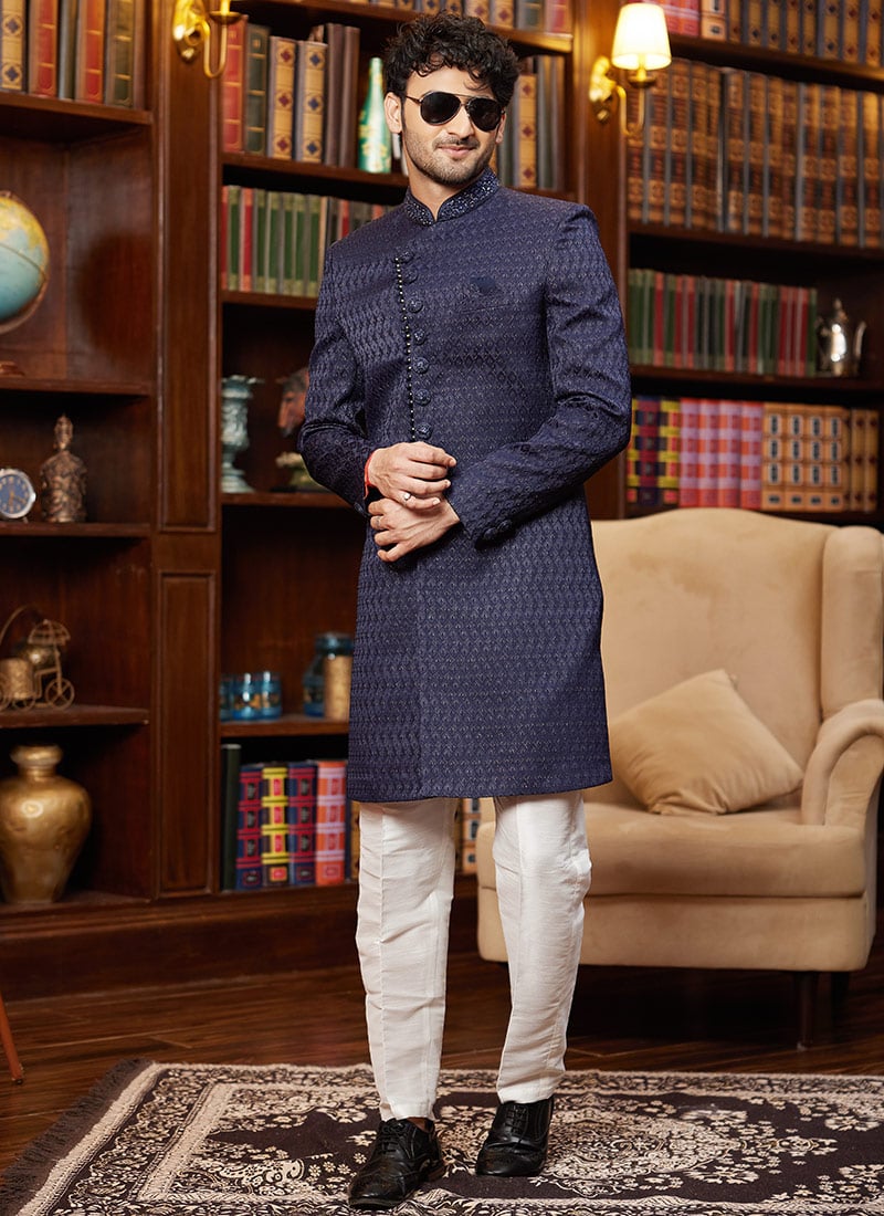 Navy Blue Jacquard Silk Beads And Zari Hand Work Indowestern Sherwani Wedding Wear