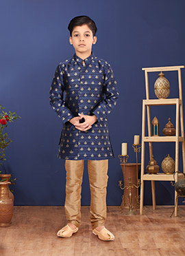 Navy Blue Jacquard Silk Boys Classic Sherwani