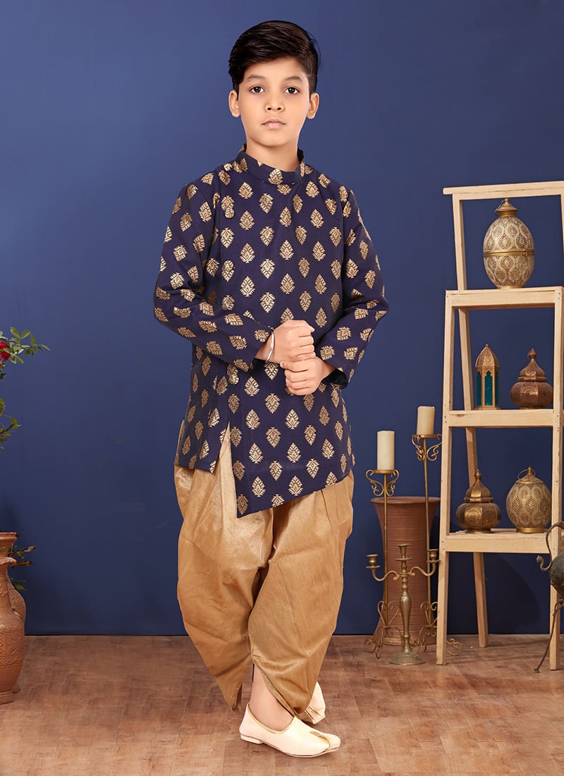 Navy Blue Jacquard Silk Boys Indowestern Sherwani