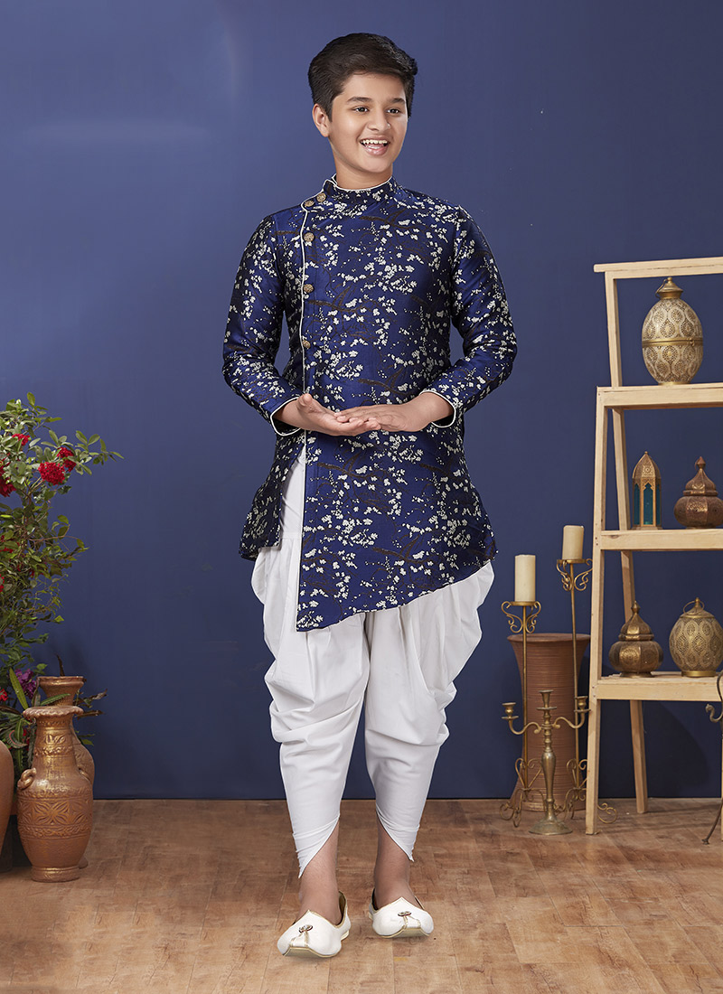 Navy Blue Jacquard Silk Boys Indowestern Sherwani Party Wear