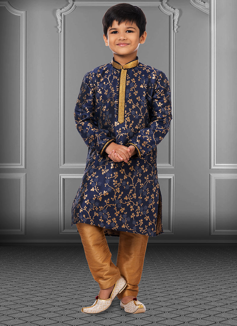 Navy Blue Jacquard Silk Boys Kurta Pyjama  Party Wear
