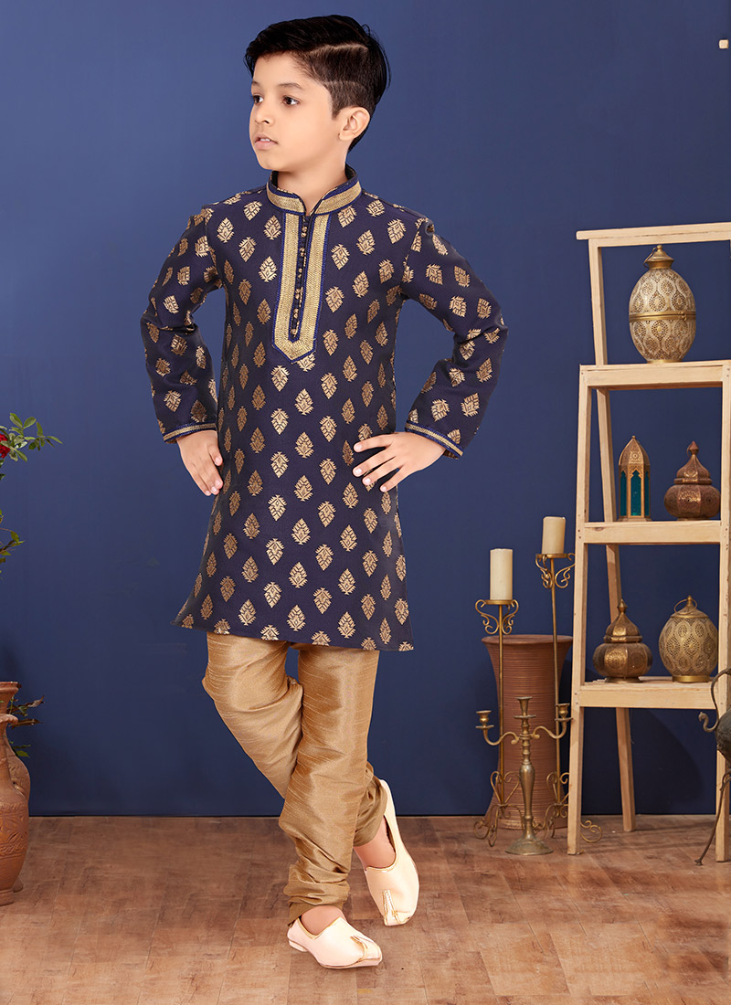 Navy Blue Jacquard Silk Boys Kurta Pyjama 