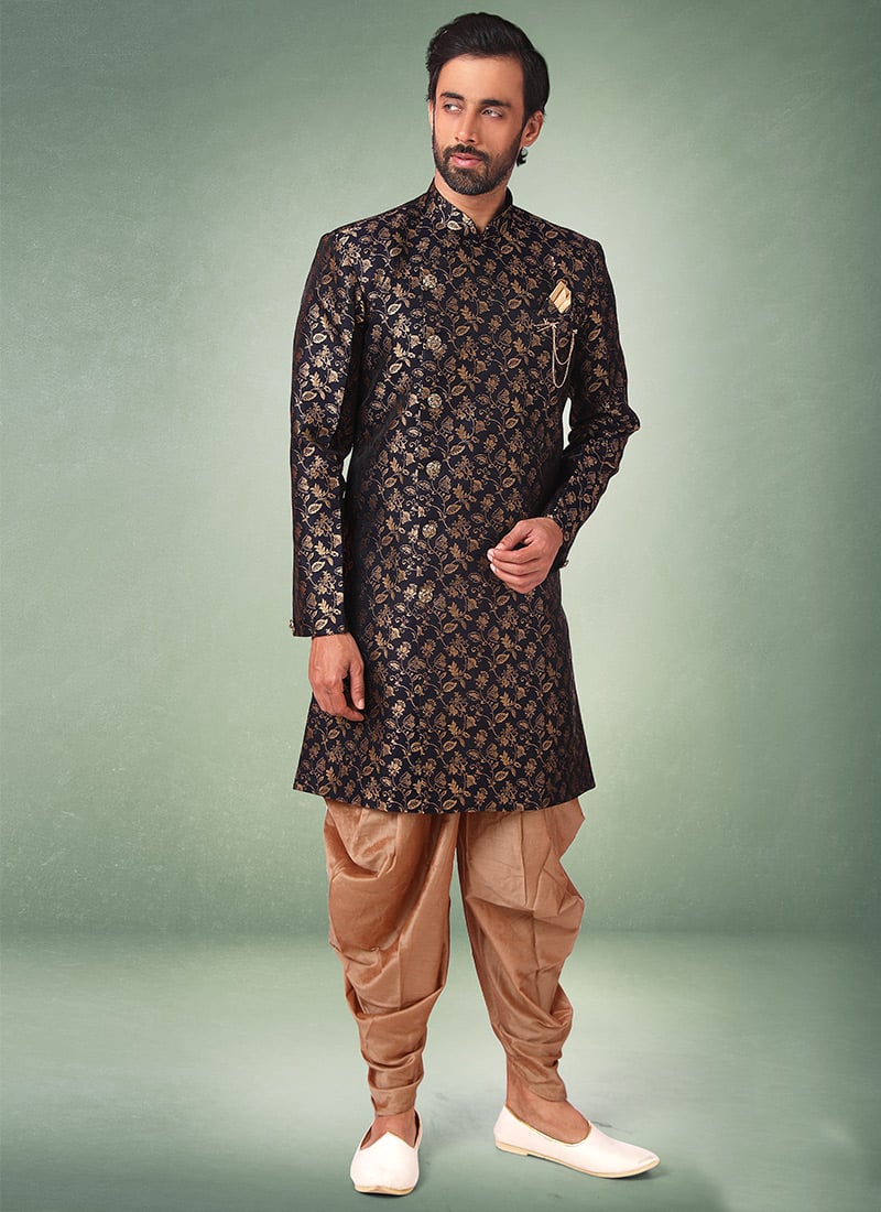 Navy Blue Jacquard Silk Brocade Classic Sherwani Wedding Wear