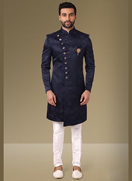 Navy Blue Jacquard Silk Brocade Classic Sherwani