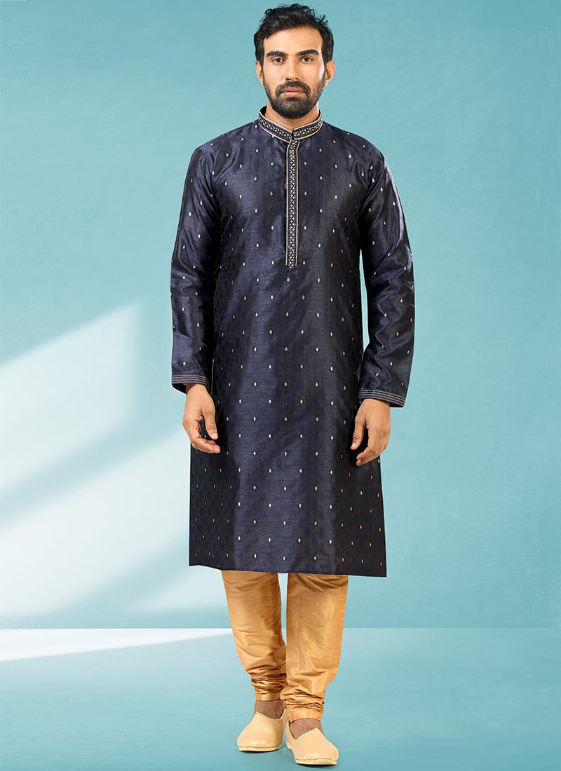 Navy Blue Jacquard Silk Brocade Kurta Pyjama