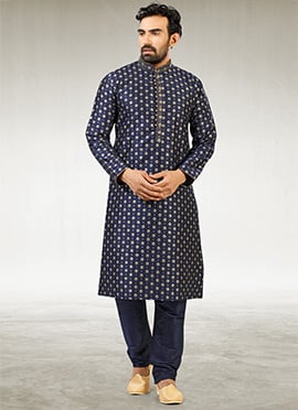 Navy Blue Jacquard Silk Brocade Kurta Pyjama