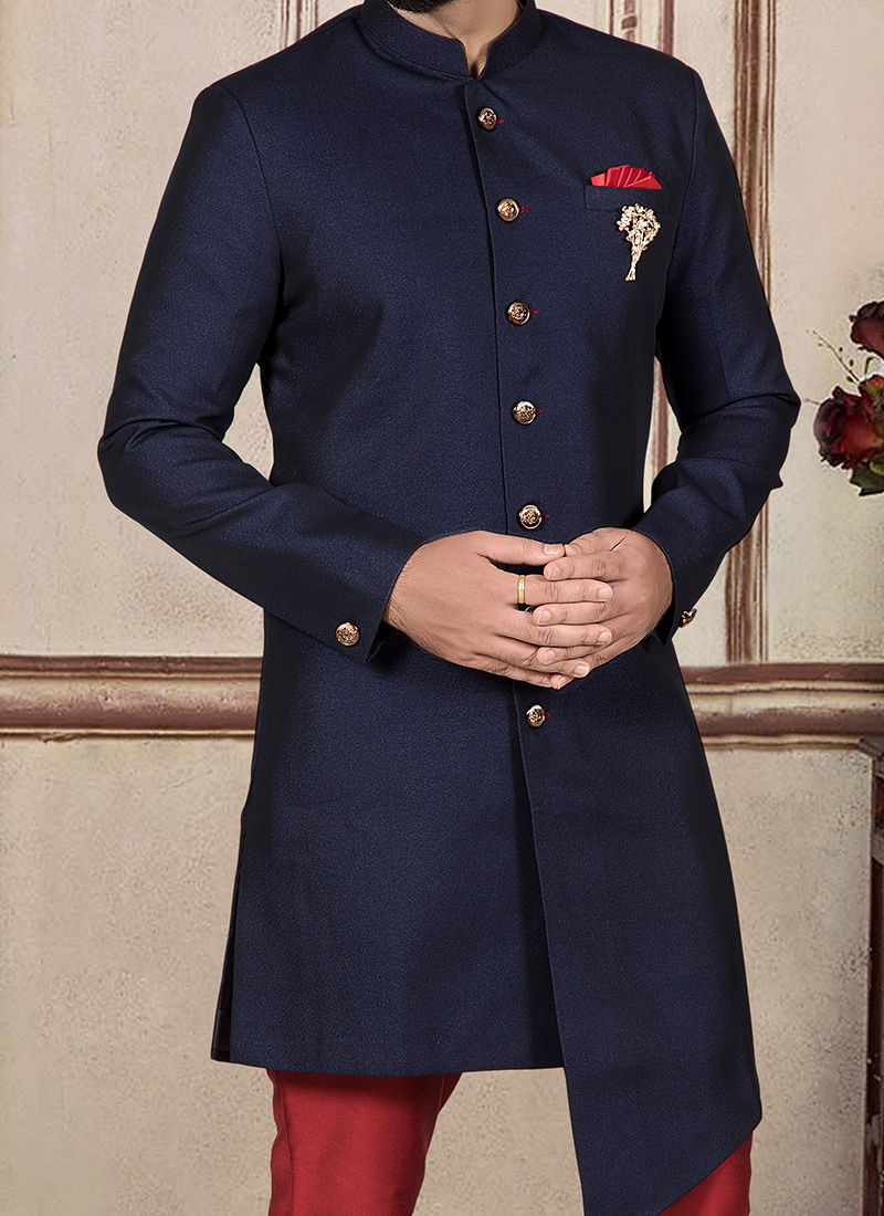 Buy Navy Blue Jacquard Silk Classic Sherwani, Jacquard, Classic