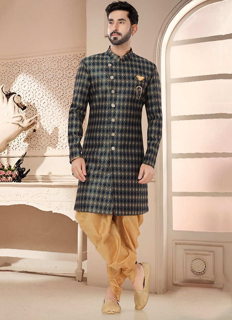 Navy Blue Jacquard Silk Classic Sherwani With Dhoti Style Pants