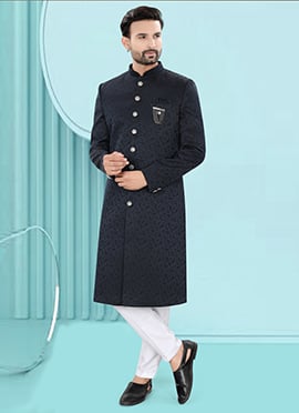 Navy Blue Jacquard Silk Embroidered Indowestern Sherwani