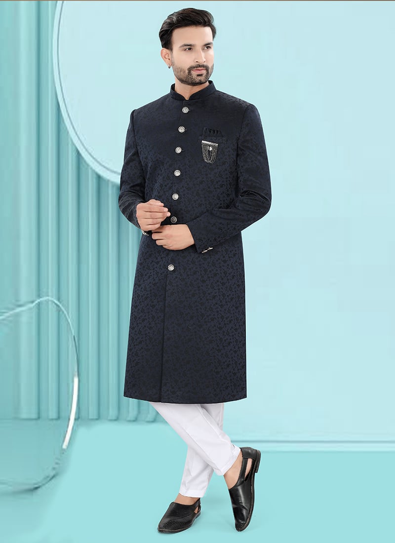 Navy Blue Jacquard Silk Embroidered Indowestern Sherwani Wedding Wear