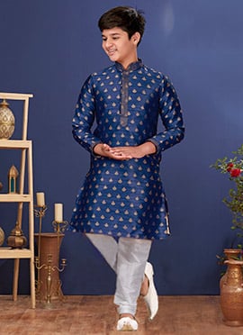 Navy Blue Jacquard Silk Embroidered Kurta Pyjama