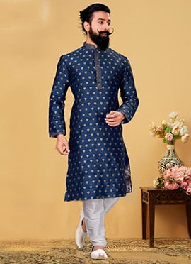 Navy Blue Jacquard Silk Embroidered Kurta Pyjama