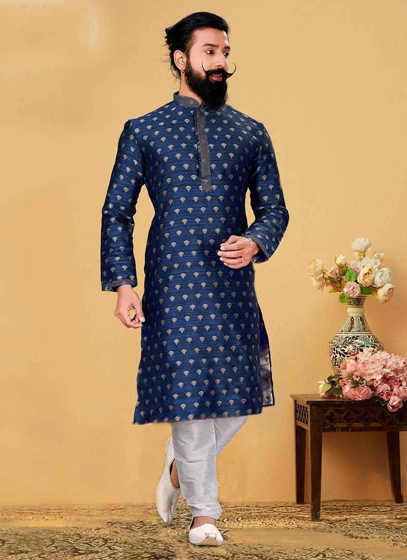 Navy Blue Jacquard Silk Embroidered Kurta Pyjama  Party Wear
