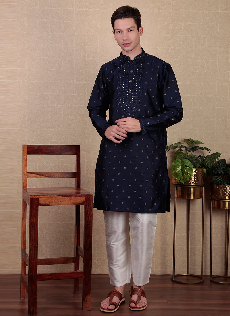 Navy Blue Jacquard Silk Embroidered Kurta Pyjama Festive Wear