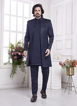 Navy Blue Jacquard Silk Indowestern Jacket Sherwani Set