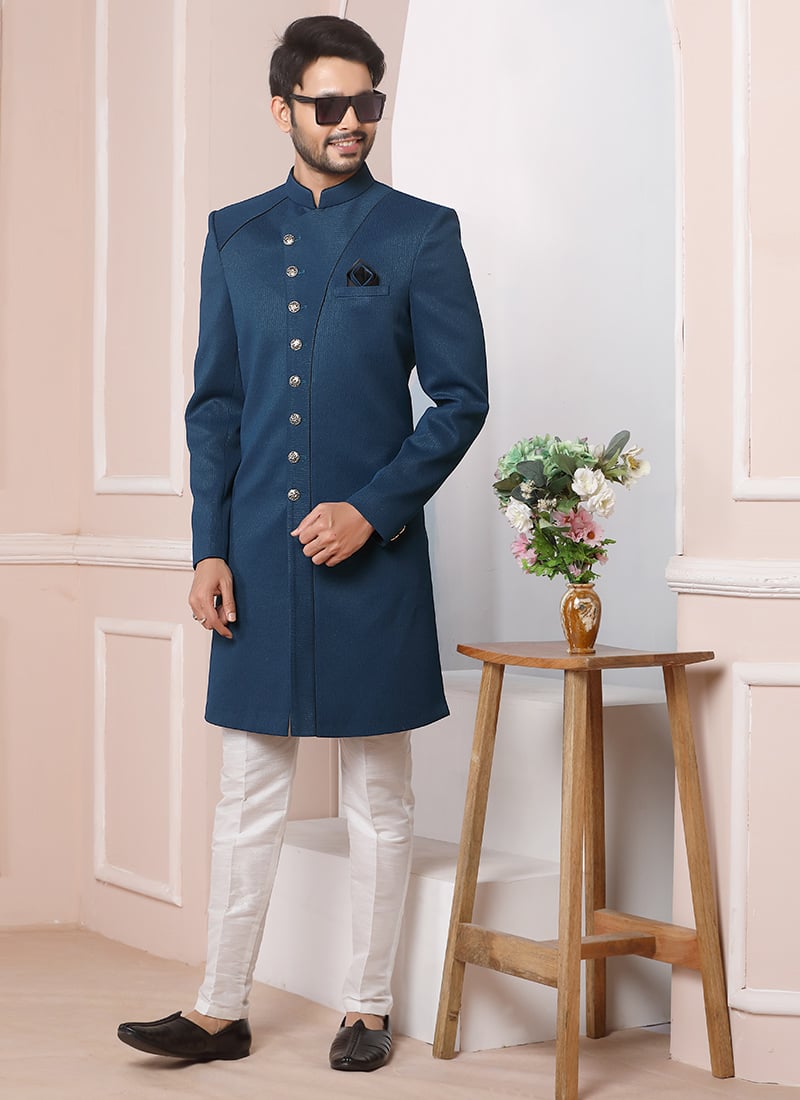 Navy Blue Jacquard Silk Indowestern Sherwani Wedding Wear
