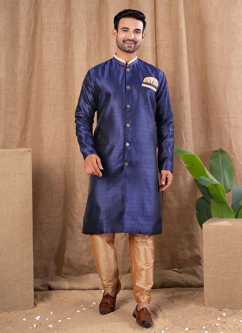 Navy Blue Jacquard Silk Indowestern Sherwani Festive Wear
