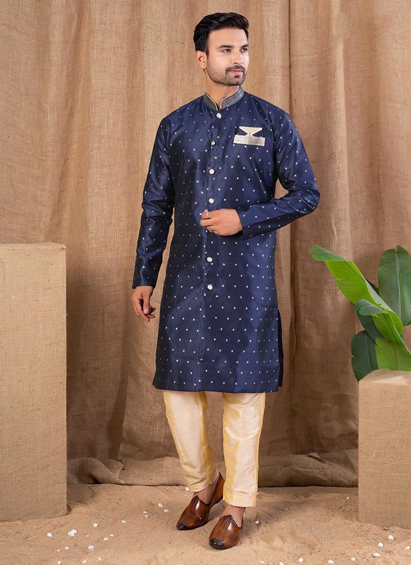 Navy Blue Jacquard Silk Indowestern Sherwani