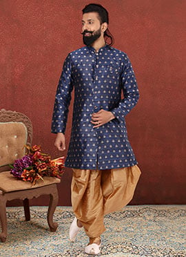Navy Blue Jacquard Silk Indowestern Sherwani