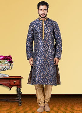 Navy Blue Jacquard Silk Jacquard Kurta Pyjama