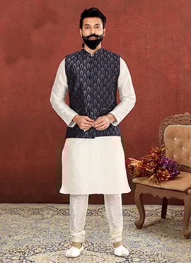 Navy Blue Jacquard Silk Jacquard Nehru Jacket