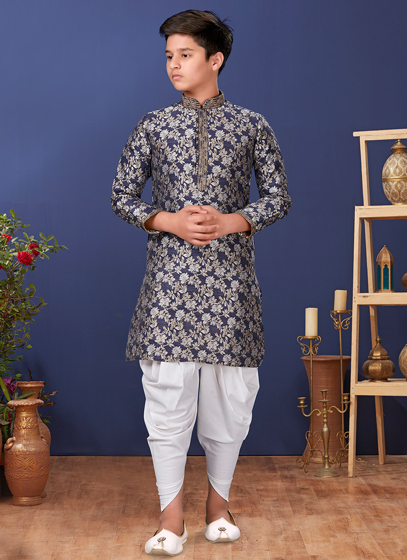 Navy Blue Jacquard Silk Kurta Pyjama