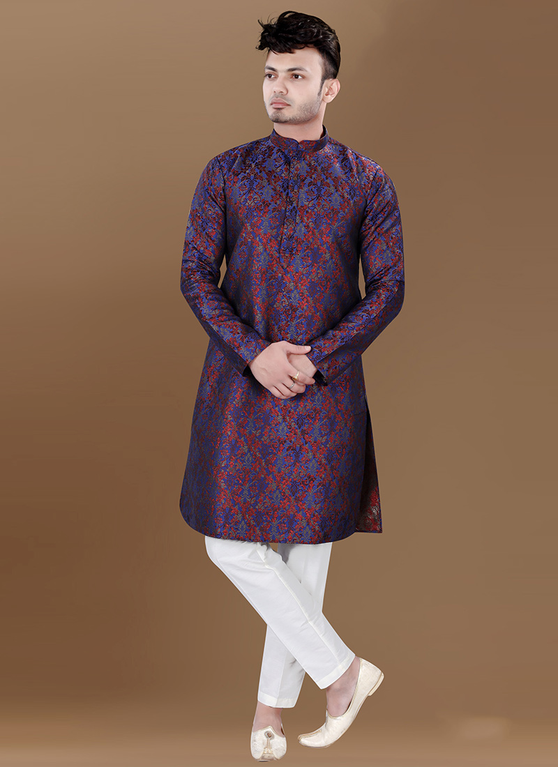 Navy Blue Jacquard Silk Kurta Pyjama