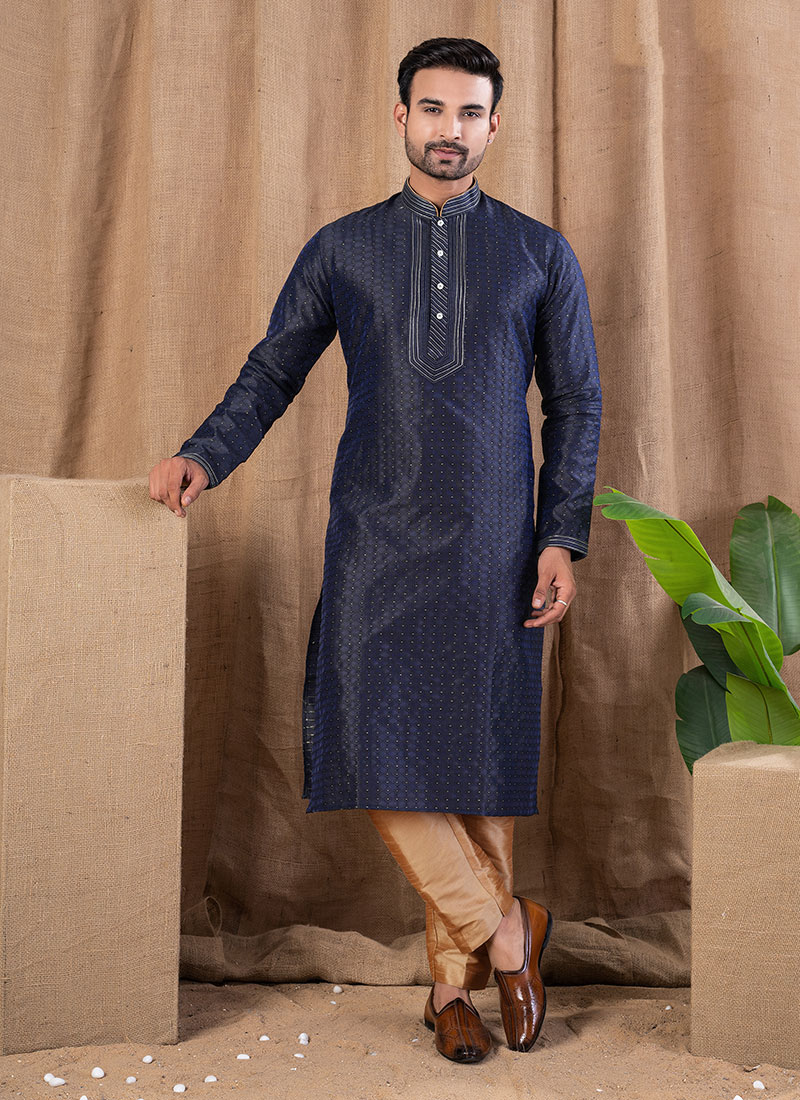 Navy Blue Jacquard Silk Kurta Pyjama