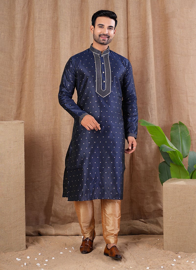 Navy Blue Jacquard Silk Kurta Pyjama