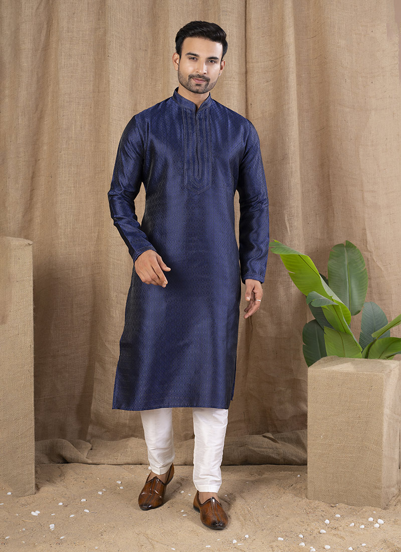 Navy Blue Jacquard Silk Kurta Pyjama