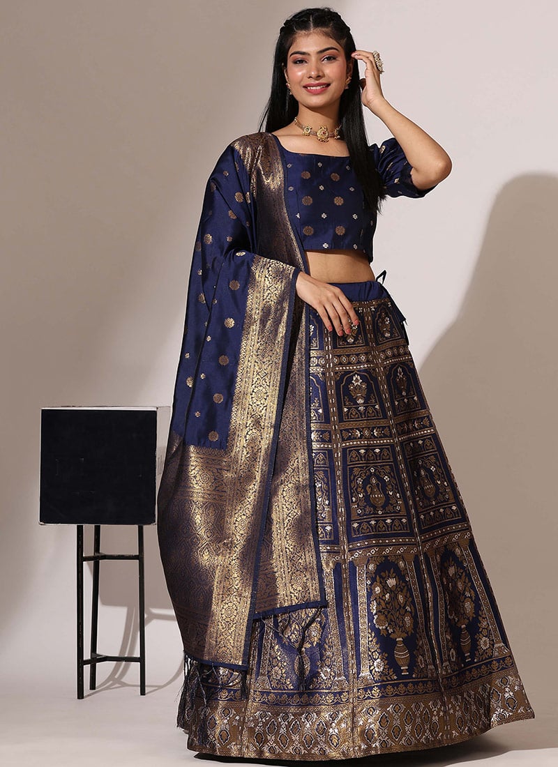 Navy Blue Jacquard Silk Zari A Line Lehenga