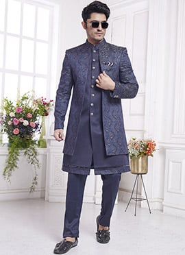 Navy Blue Jacquard Silk Zari Embroidered Indowestern Jacket Sherwani Set