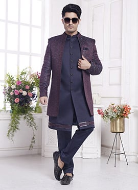 Navy Blue Jacquard Silk Zari Embroidered Indowestern Jacket Sherwani Set