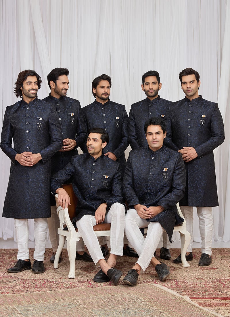 Navy Blue Jacquard Silk Zari Indowestern Sherwani Wedding Wear