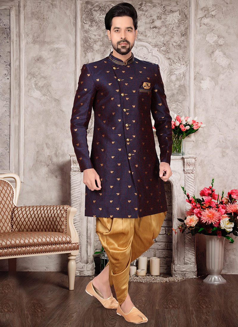 Navy Blue Jacquard Silk Zari Work Classic Sherwani Wedding Wear