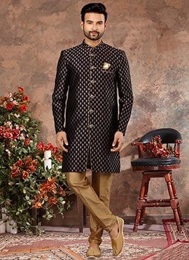 Navy Blue Jacquard Silk Zari Work Classic Sherwani